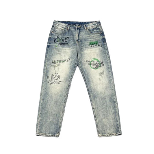 Men's Retro Print Straight Jeans - Loose Fit Hip-Hop