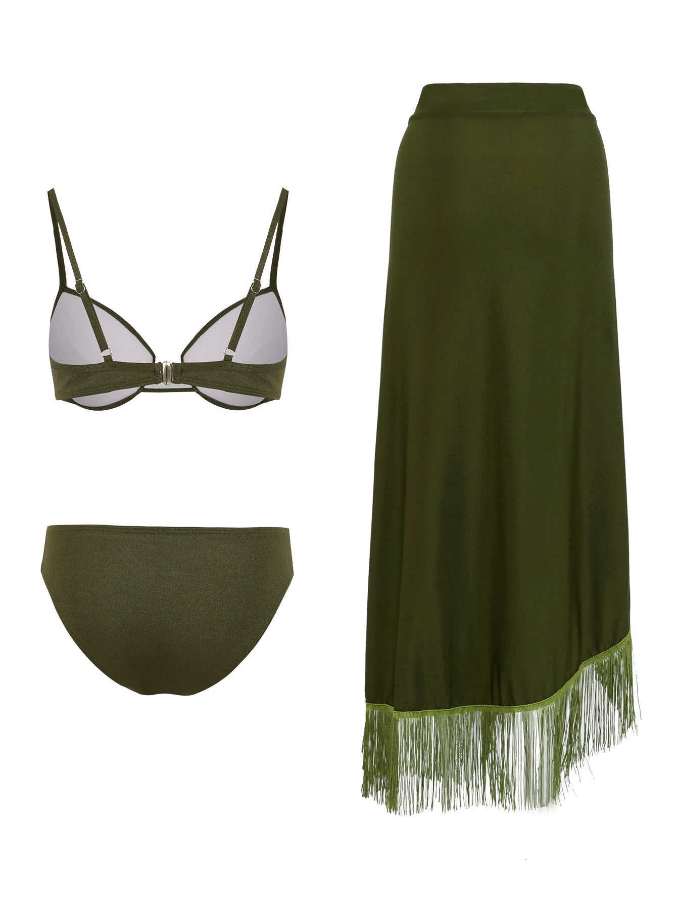 Women's 3-Piece Solid Bikini Set - Padded Bra, Tassel High Waist & Beach Skirt