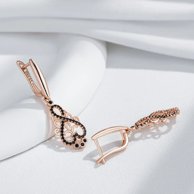 Rose Gold Crystal Flower Long Dangle Earrings - Black Zircon Women's Jewelry