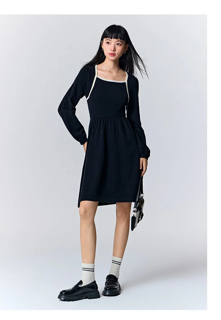 Women's Color Block Knit Dress - Square Neck French Style Slim Fit Winter 2025