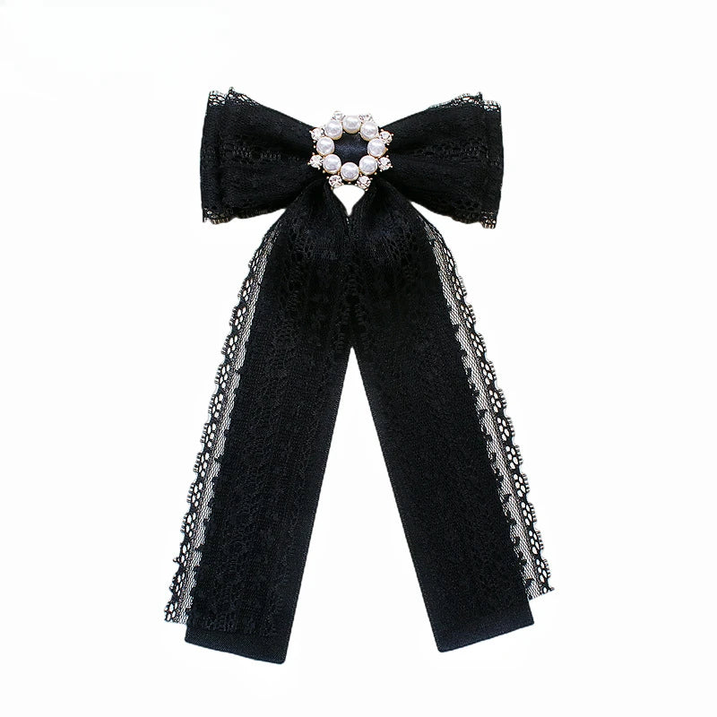 Black Fabric Bow Brooch - College Style Crystal Collar Pin
