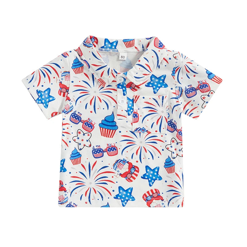 0-4Y Toddler Kids Boys T Shirt Short Sleeve Eagle/Donut/Bull/Fireworks Print Pullover Tops for Independence Day