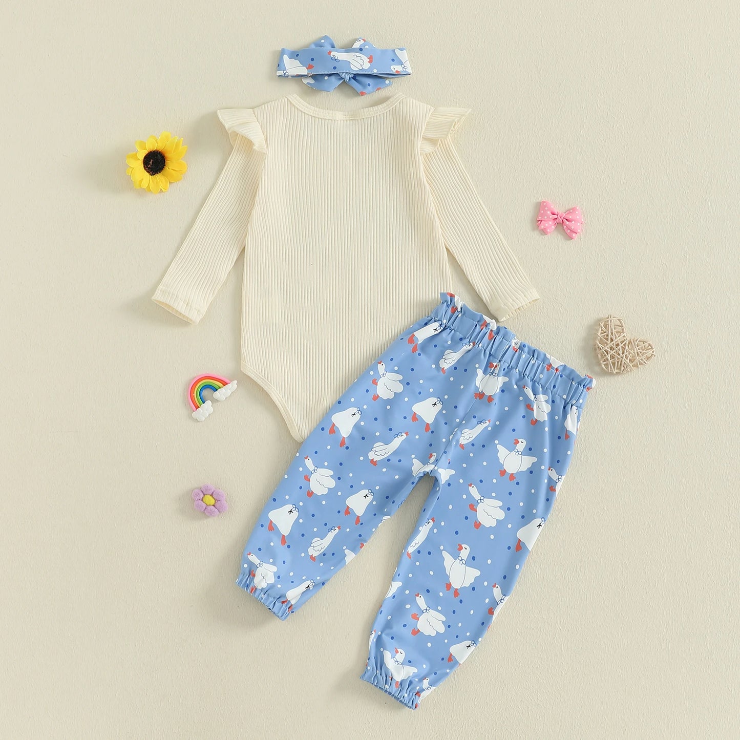 Baby Girls Duck Print Outfit Set - 3-Piece Long Sleeve Romper, Dot Pants & Headband (0-18M)