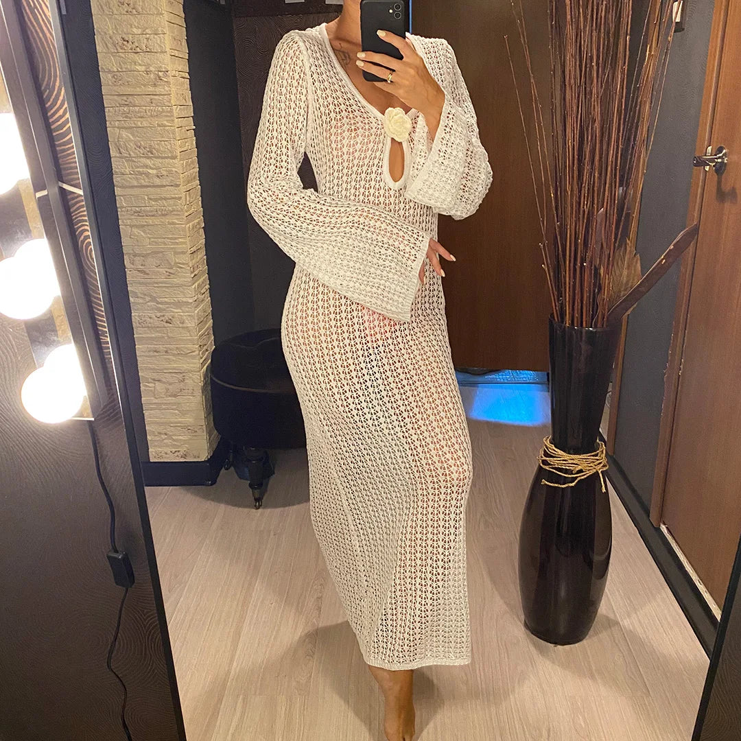 3D Flower V Neck Crochet Knitted Beach Cover Up Tunic