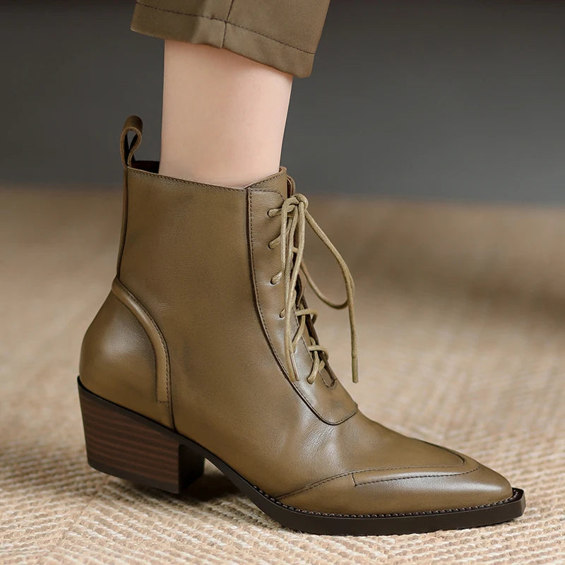 Women's Ankle Lace-up Genuine Leather Thick High Heels  Boots