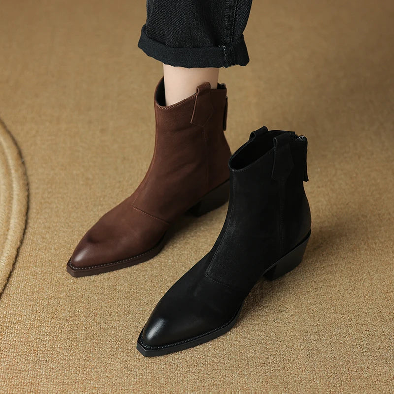 Women's Short Genuine Leather Thick Heels Pointed Toe Ankle Boots