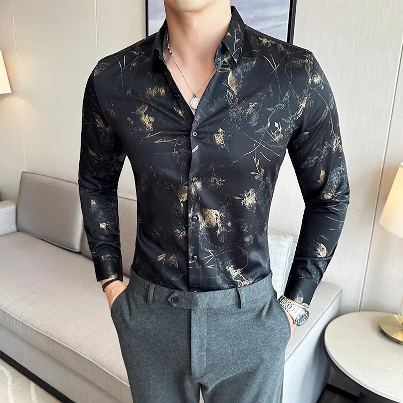Men's Print Shirt - Slim Fit Long Sleeve Turn Down Collar Shirt