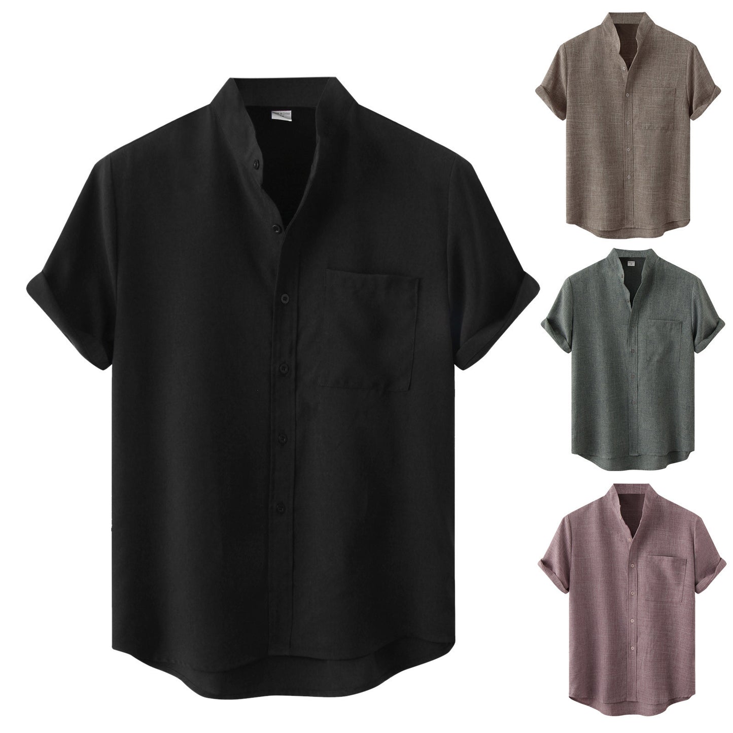 Men's Cotton Linen Short Sleeved Breathable  Stand Collar Single Breasted Shirt