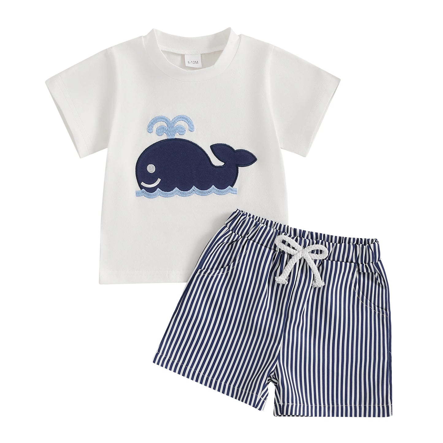 Baby Boys' Casual Outfit Set - Animal Embroidery Short Sleeve T-Shirt & Striped Shorts 2pcs