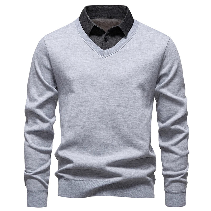 Men's Fake Two-Piece Knitted Pullover - Slim Fit Turn Down Collar Sweater