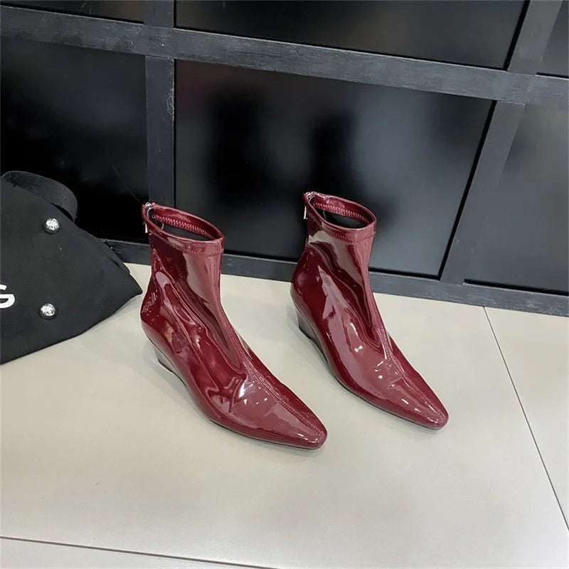 Patent Leather Pointed Toe Chelsea Ankle Boots | Wedge Heel & Rear Zip