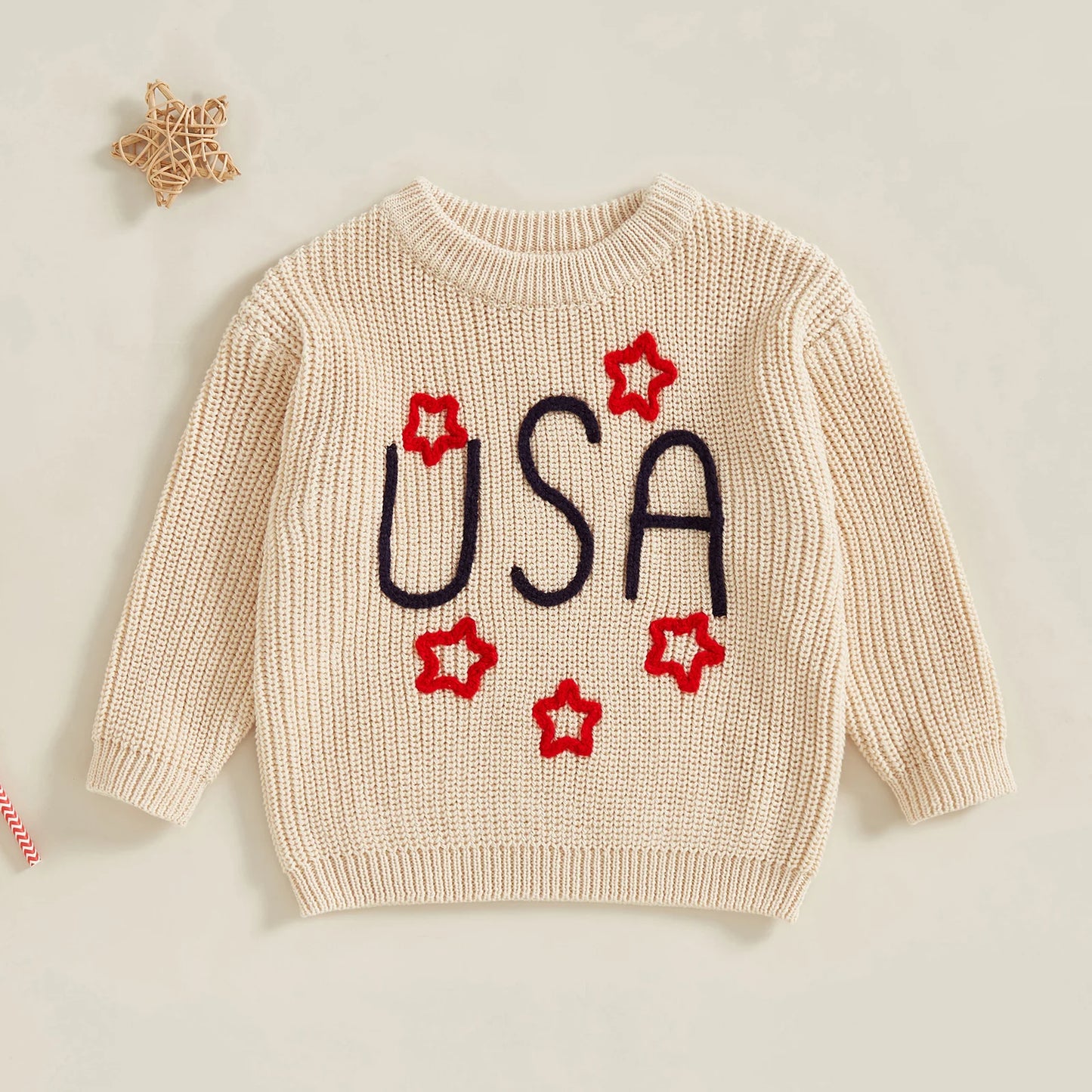 0-5Y USA Kids Boys Girls Sweater Letter Star Embroidery Long Sleeve Crew Neck Knitted Pullover Tops