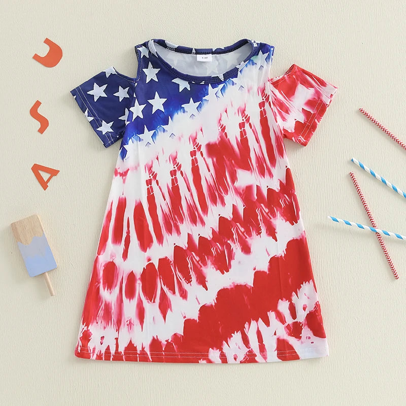 1-8Y  Kids Girls USA Flag Star Tie-Dye Print Short Sleeve Casual Summer Dress