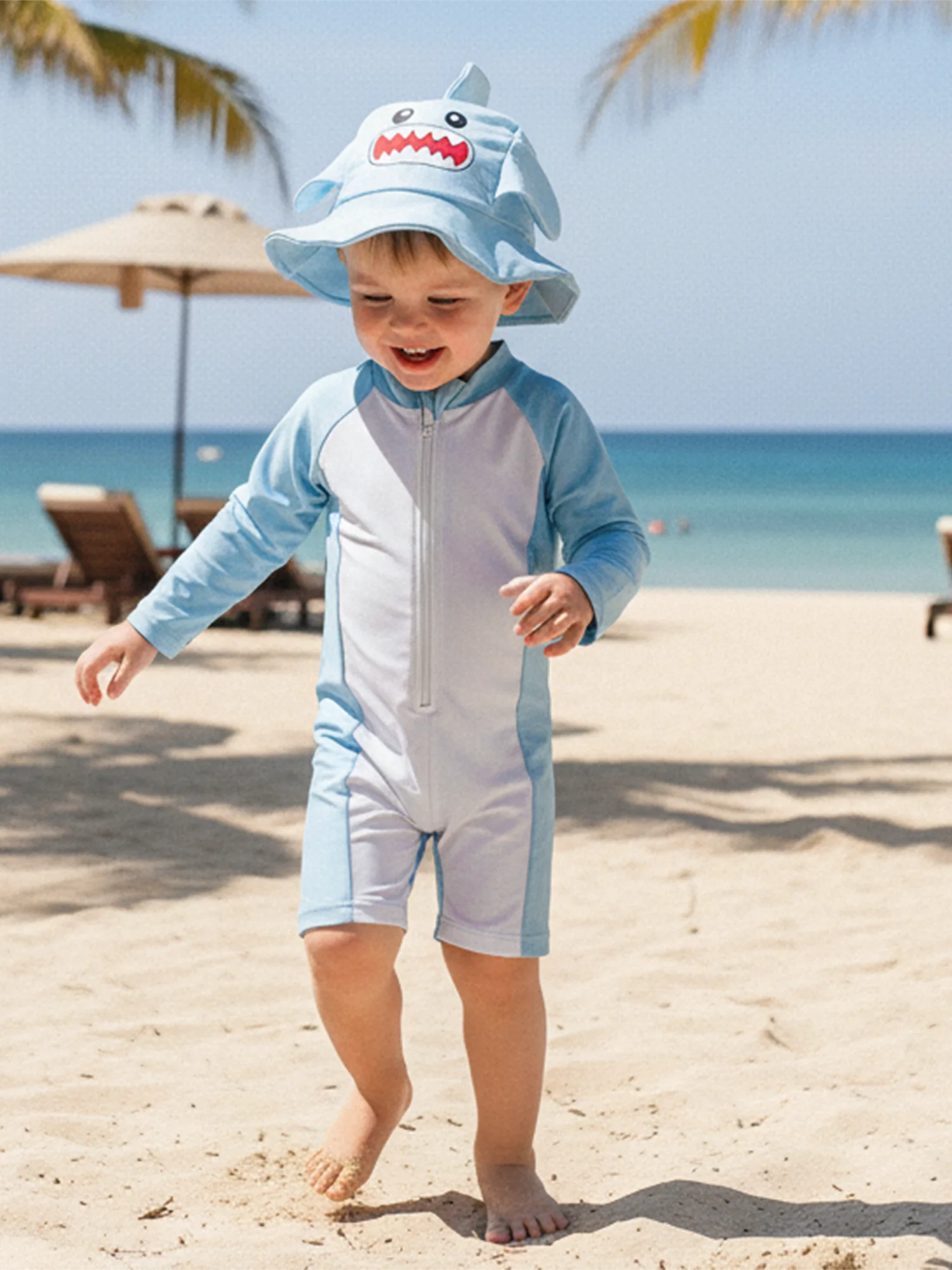 Baby Boys Rash Guard Swimsuit Set - Long Sleeve Zip-Up with Sun Cap