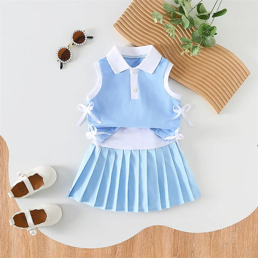 0-5Y  Kids Girl Golf Clothes Sets 2pcs Color Patchwork Sleeveless Lapel Tank Tops with Pleated A-Line Skirt