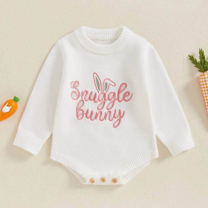 Baby Unisex Knit Long Sleeve Romper | Letter & Rabbit Festival Print | O-Neck | Covered Button | Cotton Blend | All Seasons | 3–18 Months