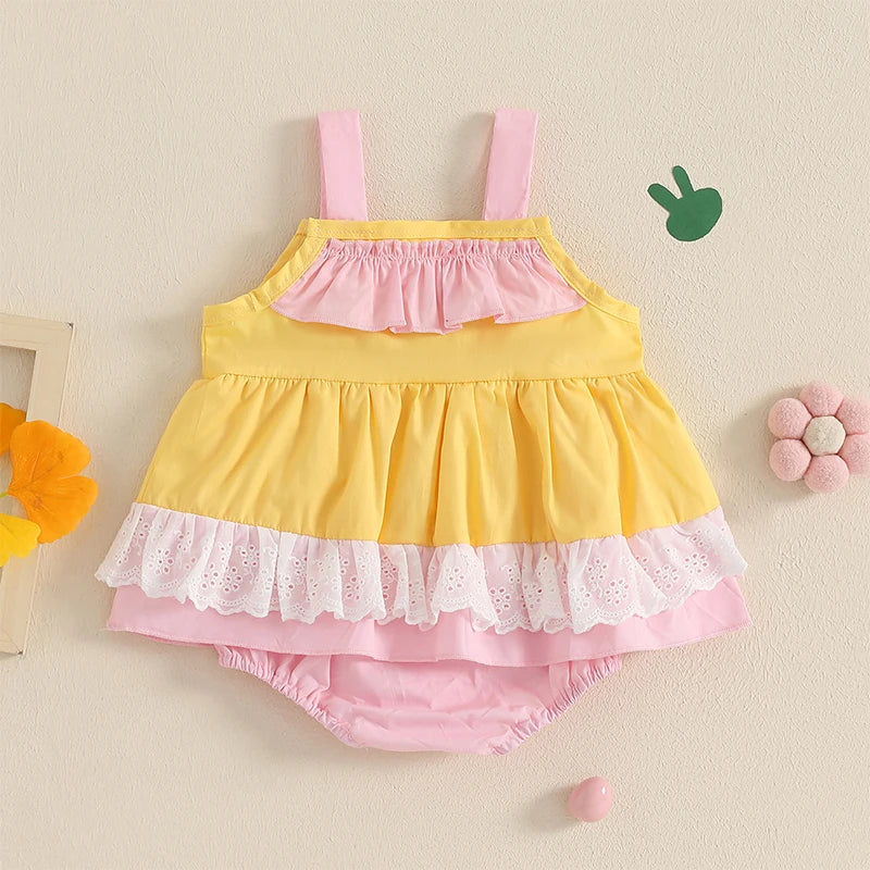 0-18M Lovely Baby Girls Boys Easter Romper Dress Sleeveless Rabbit Carrot Contrast Colour Patchwork Jumpsuits