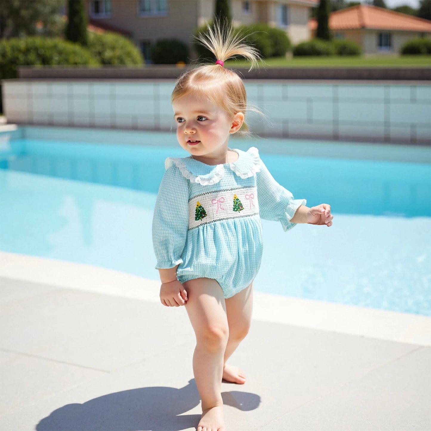 Baby Plaid Print Romper - Long Sleeve Bow Embroidery Doll Collar Jumpsuit