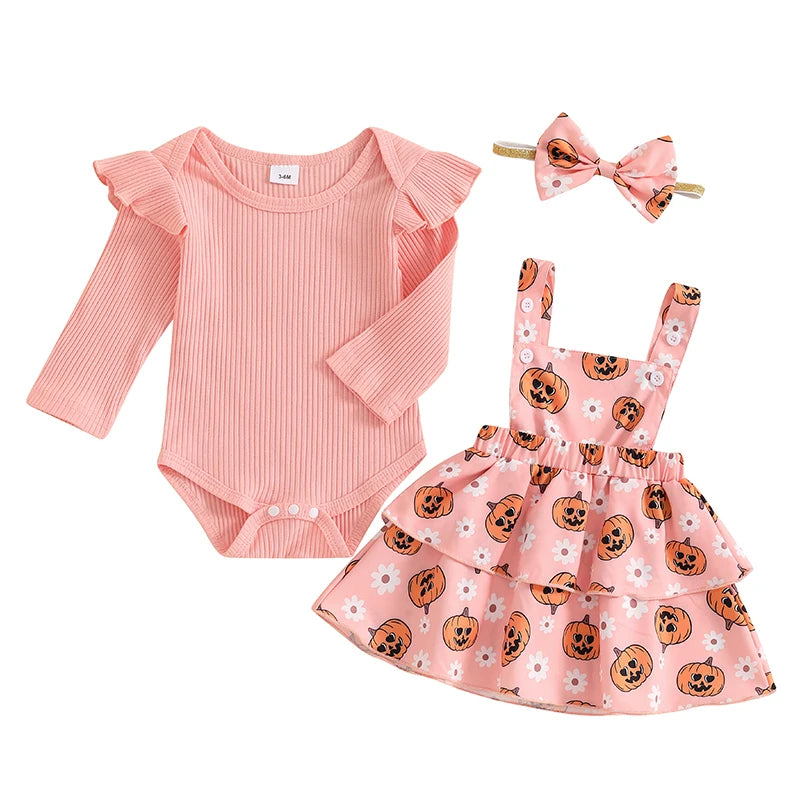 Baby Girl's Halloween Outfit Set - Ribbed Romper, Pumpkin Suspender Skirt & Bow Headband