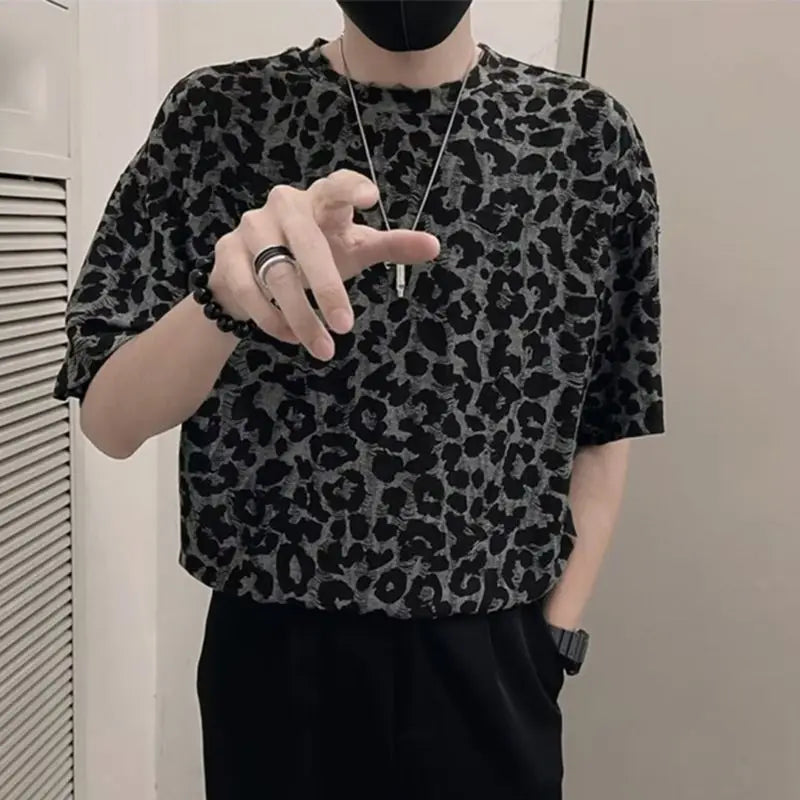 Men's Leopard Print Round Neck Short Sleeve Loose T-shirt