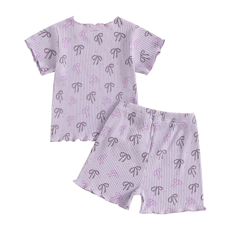 1-5Y Kids Girls Clothes Sets Bow Print Lettuce Trim Short Sleeve T-shirt Elastic Waist Shorts