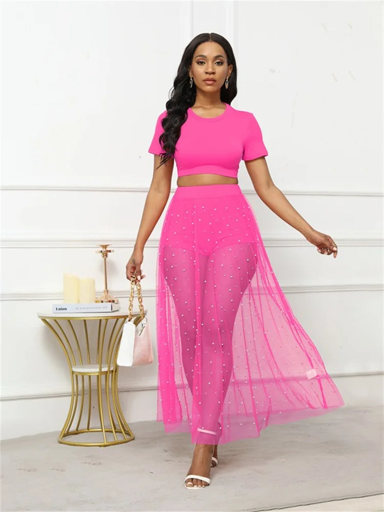 Women's Three-piece Skirt Set, Short Sleeve Crop Top & Shorts & A-line Illusion Beaded Skirt Outfit