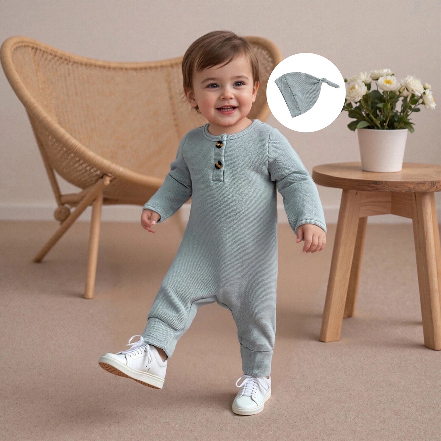 Newborn Baby Fall Winter Romper - Long Sleeve Solid Jumpsuit with Hat (0-6M)