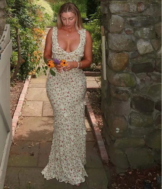 Women's Summer Floral Print Draped V Neck Maxi Ruffled Detail Sun Dress