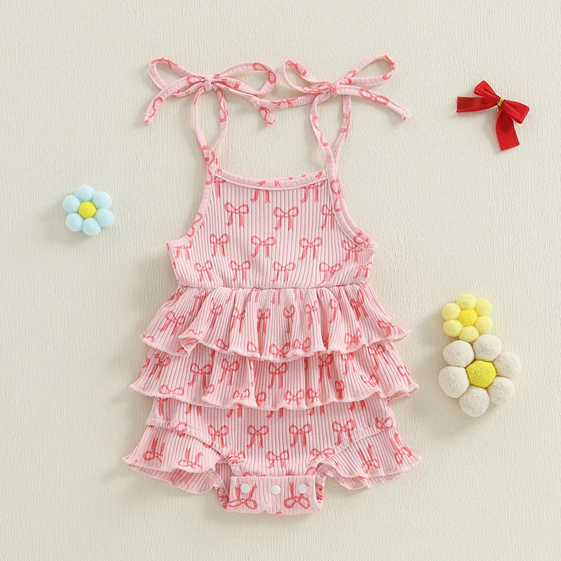 Bow Print Layered Ruffle Spaghetti Strap Baby Romper
