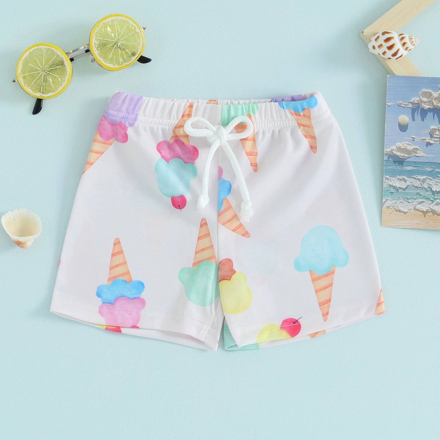 Toddler Boys Swim Trunks - Cartoon Print Elastic Waist Shorts (0-4Y)
