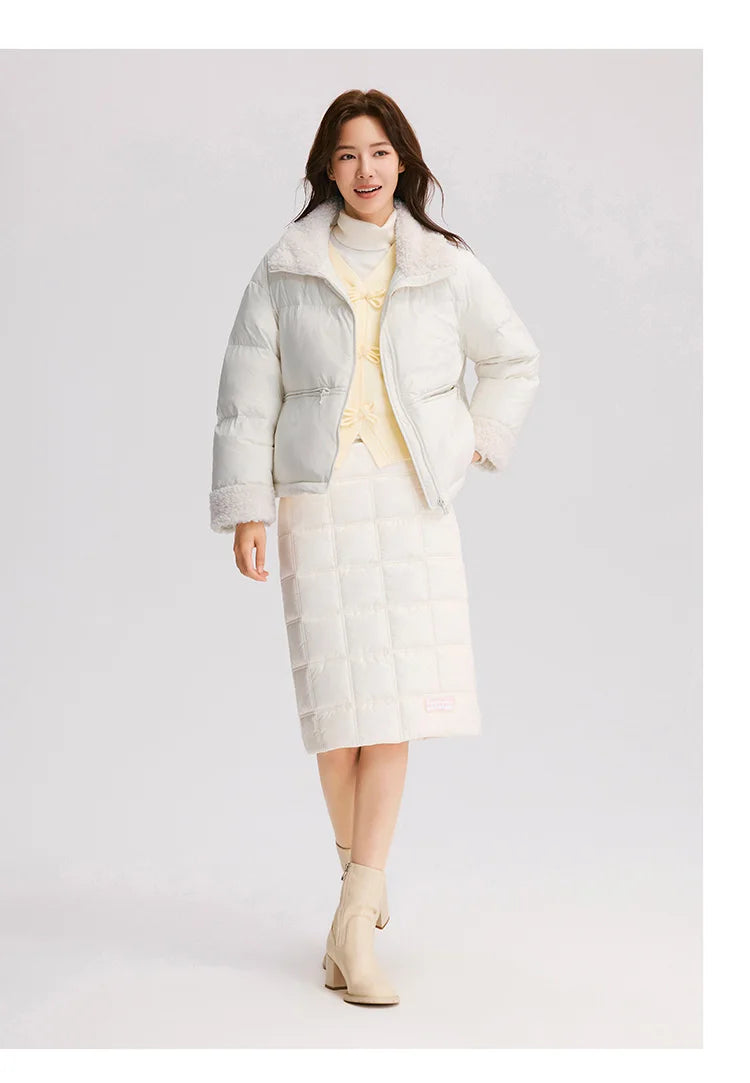 Down Jacket Women Loose Solid Color Winter Patchwork Imitation Lamb Wool Stand-Up Collar Textured