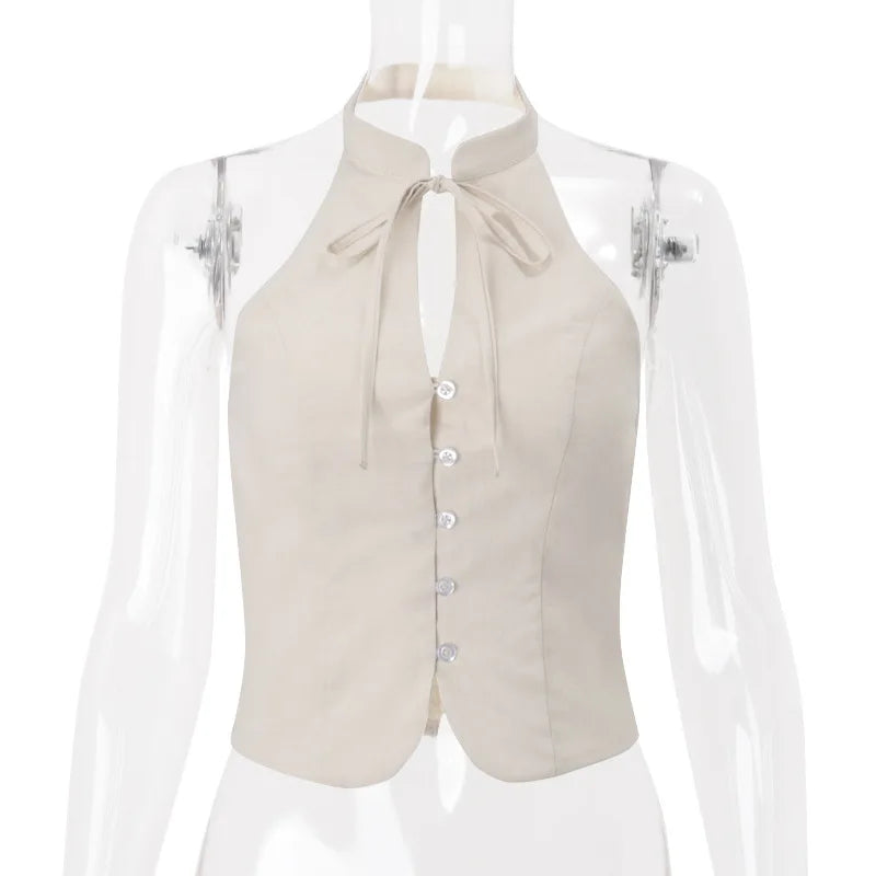 Women's Vintage Button Vest Crop Top - Y2K Tie Front Backless Sleeveless Top
