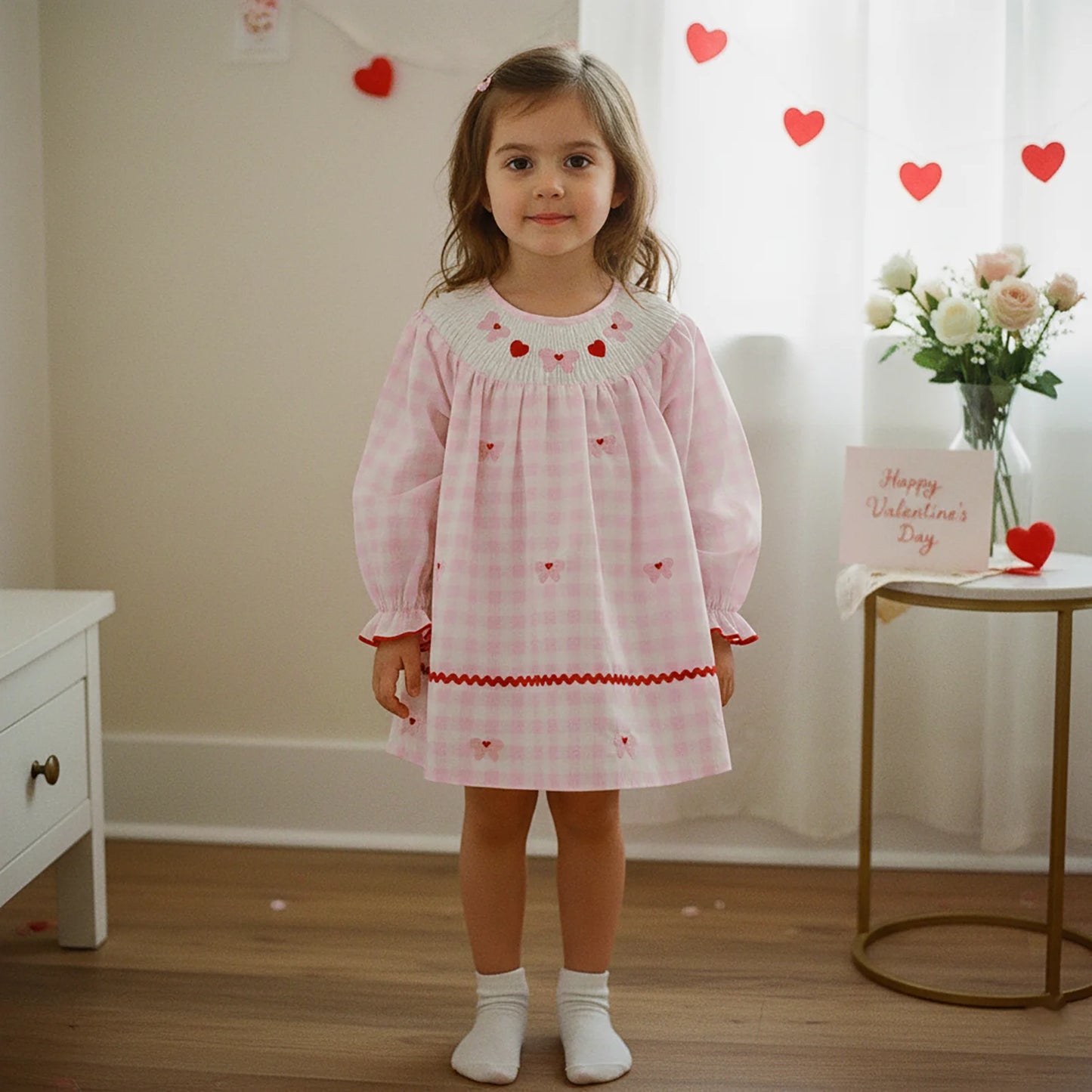 Girls Valentine Dress - Heart Bow Embroidery Plaid Print with Puff Sleeves