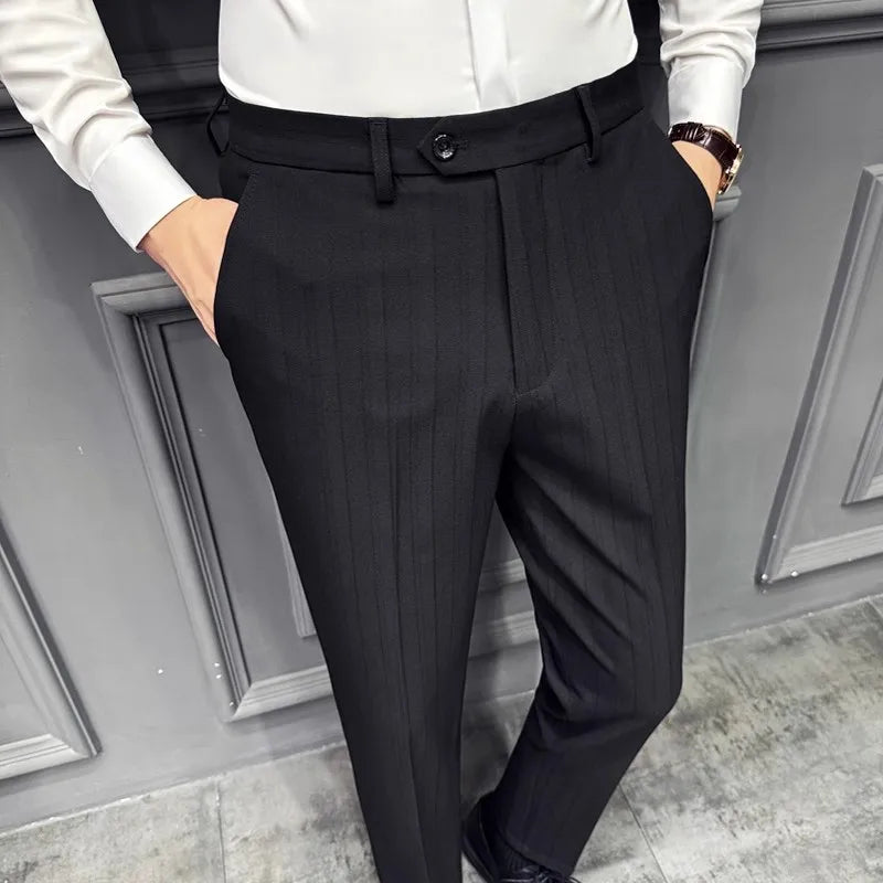 Men's Striped Suit Pants - Smart Casual Straight Trousers for Office & Wedding