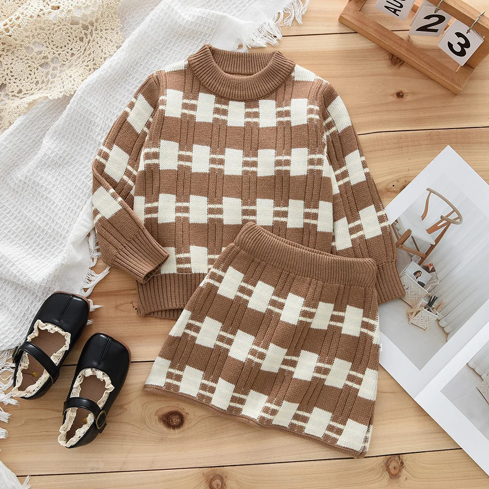 Girl's Colour Blocked Sweater Set Girls Long Sleeved Top and elastic Short Skirt 2-piece Set