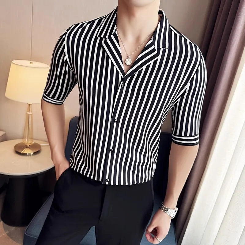 Men's Summer Half Sleeve Casual Slim Fit Striped Turn Down Collar Shirt