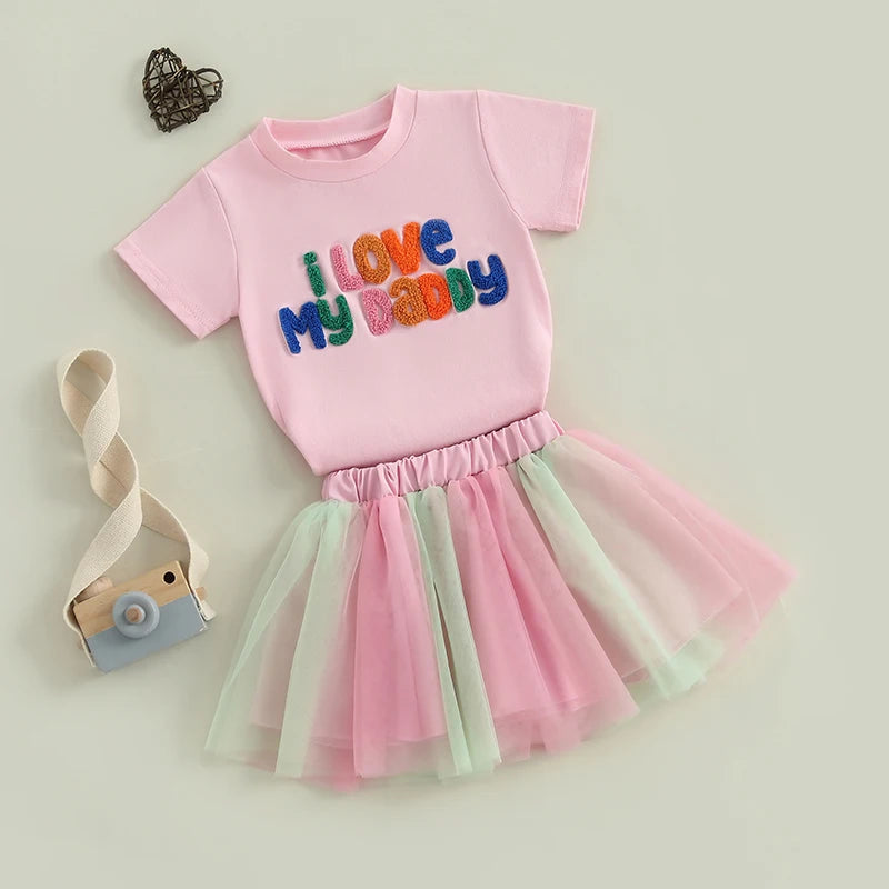 0-5Y Toddler Kids Girls Summer Clothes Sets Letter Embroidery Short Sleeve T-Shirt and Elastic Tulle Skirt