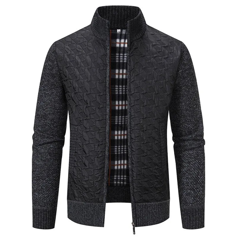 Men's Autumn Winter Slim Stand Collar Knitted Outerwear Coat Casual Knit Patchwork Jacket