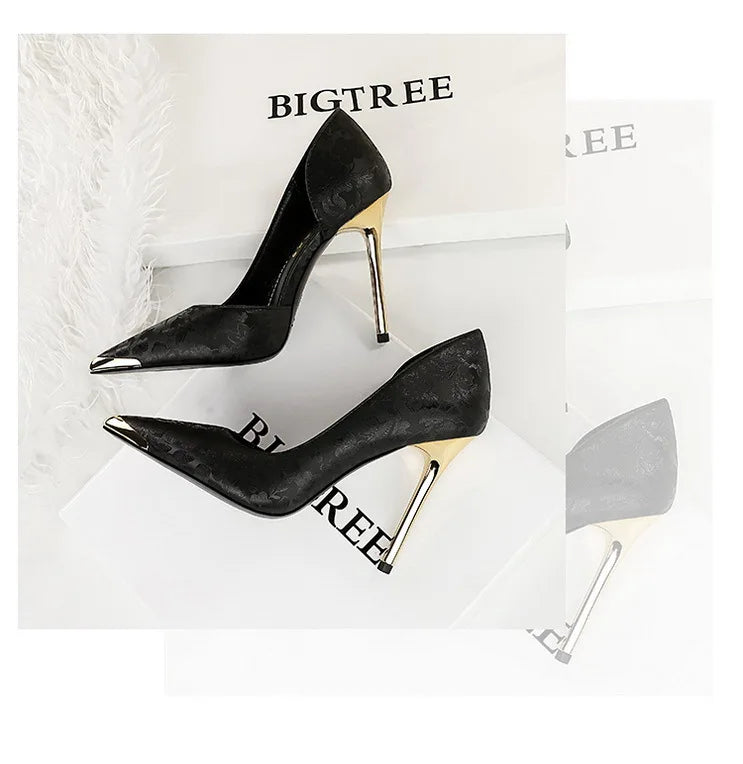 Women's 11CM Heels Silks Satins Metal Pointed Toe High Heels Shoes