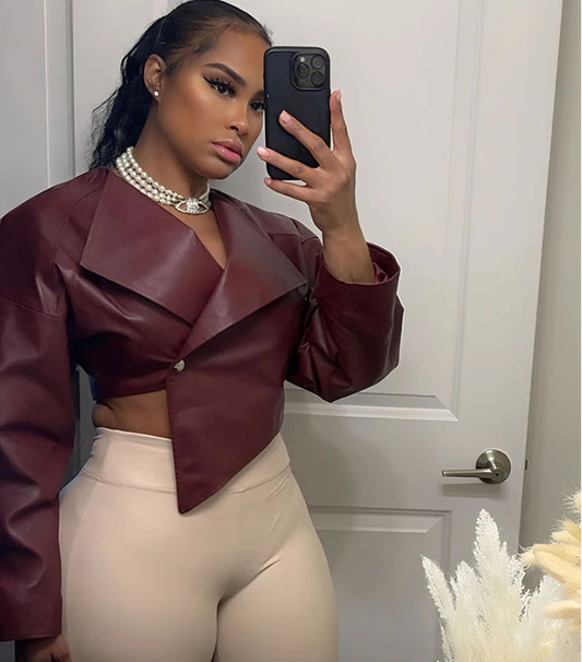Women's PU Leather Cropped Jacket - Asymmetrical Single Button Coat