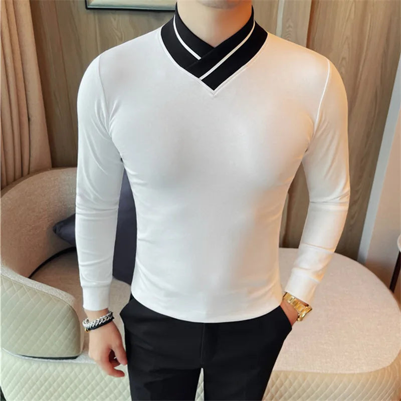 Men's Patchwork Mock Neck Long Sleeve T-Shirt