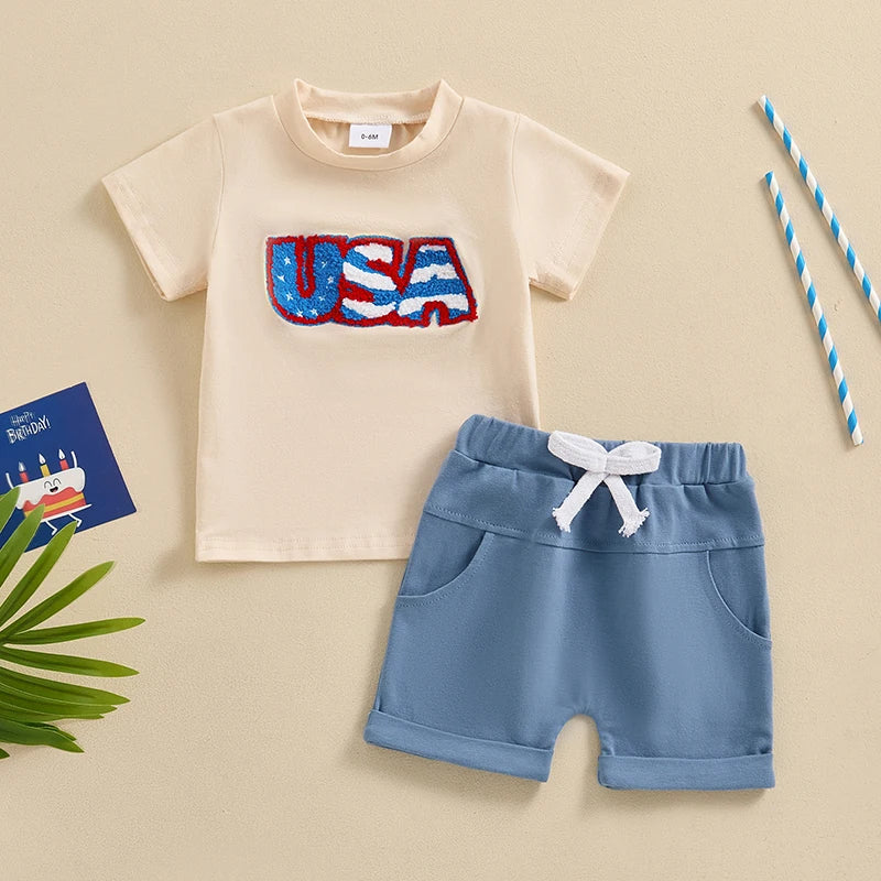 0-3Y Infant Baby Boys Clothes Set 2pcs Short Sleeve USA Letters Embroidery T-shirt with Shorts Outfit