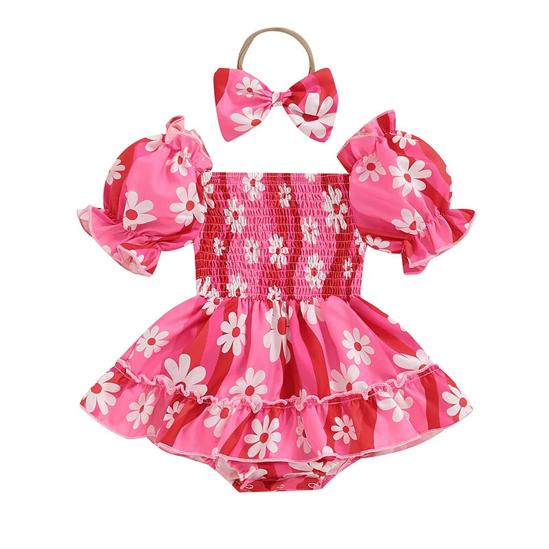 0-18M Baby Girls Summer Sweet Romper Dress Short Sleeve Elastic Neckline Sunflowers Print Jumpsuits with Headband