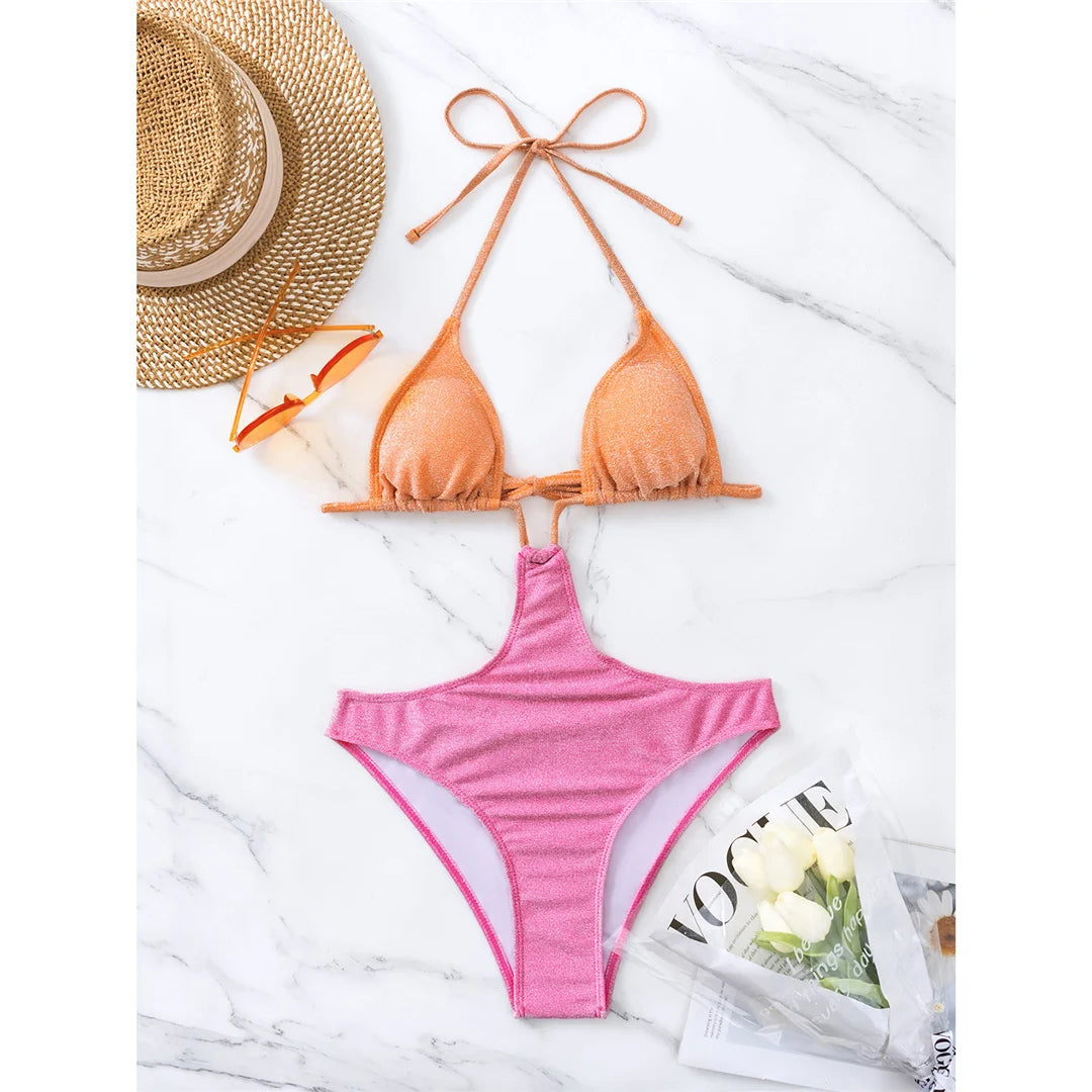 Women's Shiny Glitter Splicing Halter One-Piece Swimsuit | Sparkling Padded Monokini