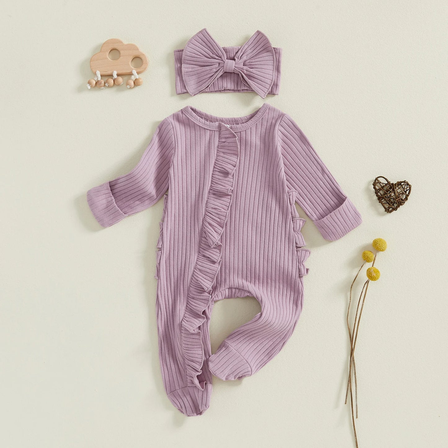 Newborn Baby Romper Set - Solid Ribbed Ruffle Trim Zipper Footed Jumpsuit & Bow Headband
