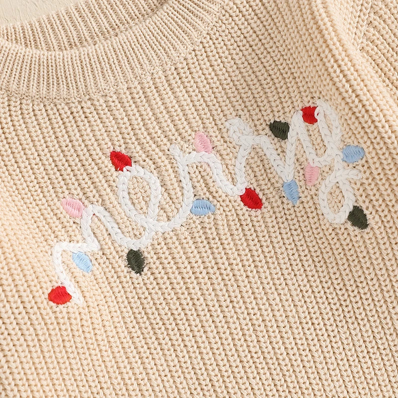 Baby Boys Girls Christmas Sweater 0-3Y Letter Light String Embroidery Long Sleeve Knitwear Top