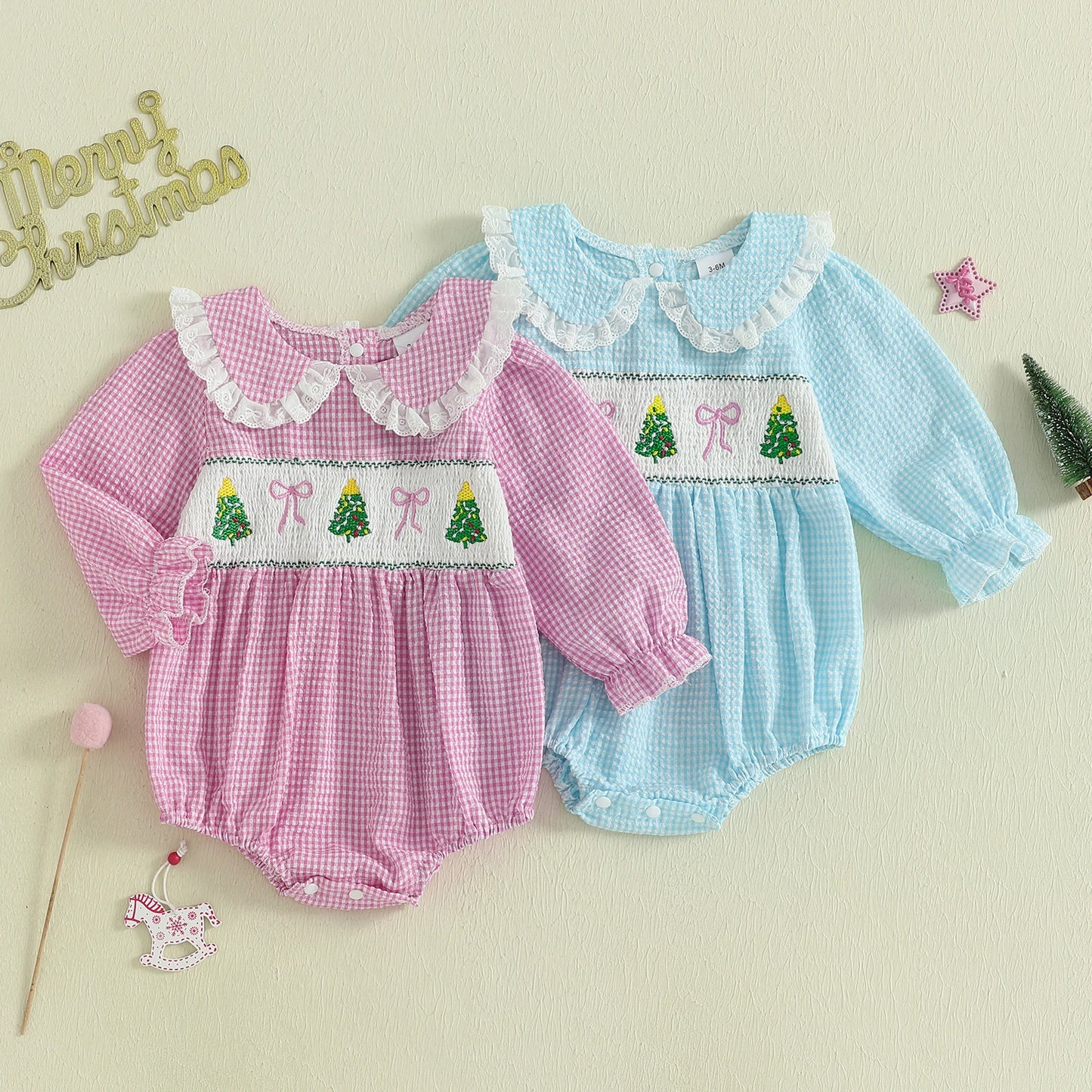 Baby Plaid Print Romper - Long Sleeve Bow Embroidery Doll Collar Jumpsuit