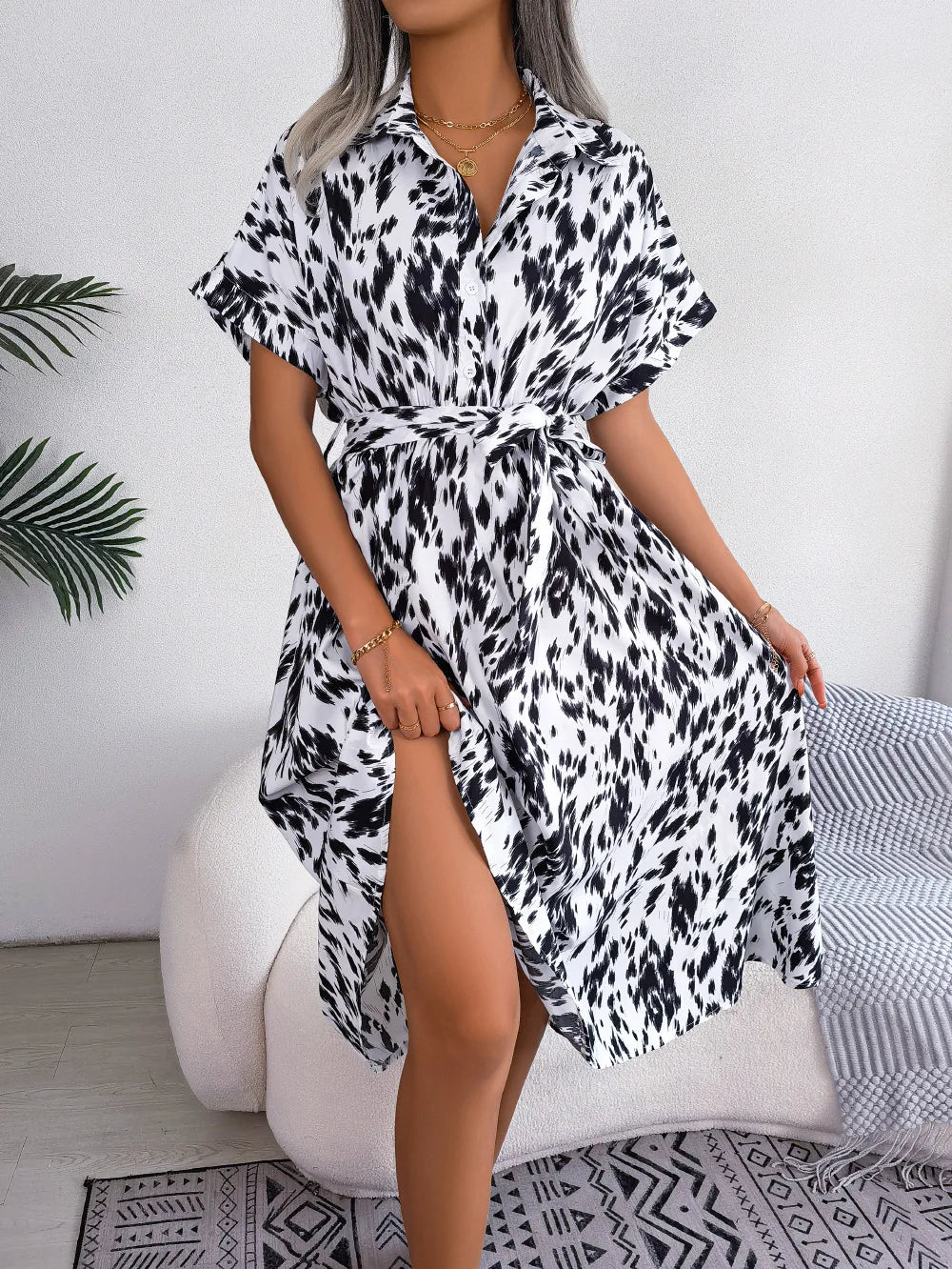 Women's Summer Casual Loose Leopard Lace Up Shirt Chic Dress