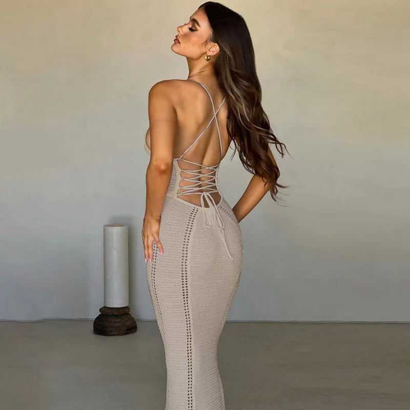 Women's Knitted Hollow Out Bandage Maxi Sleeveless Party Bodycon Dress