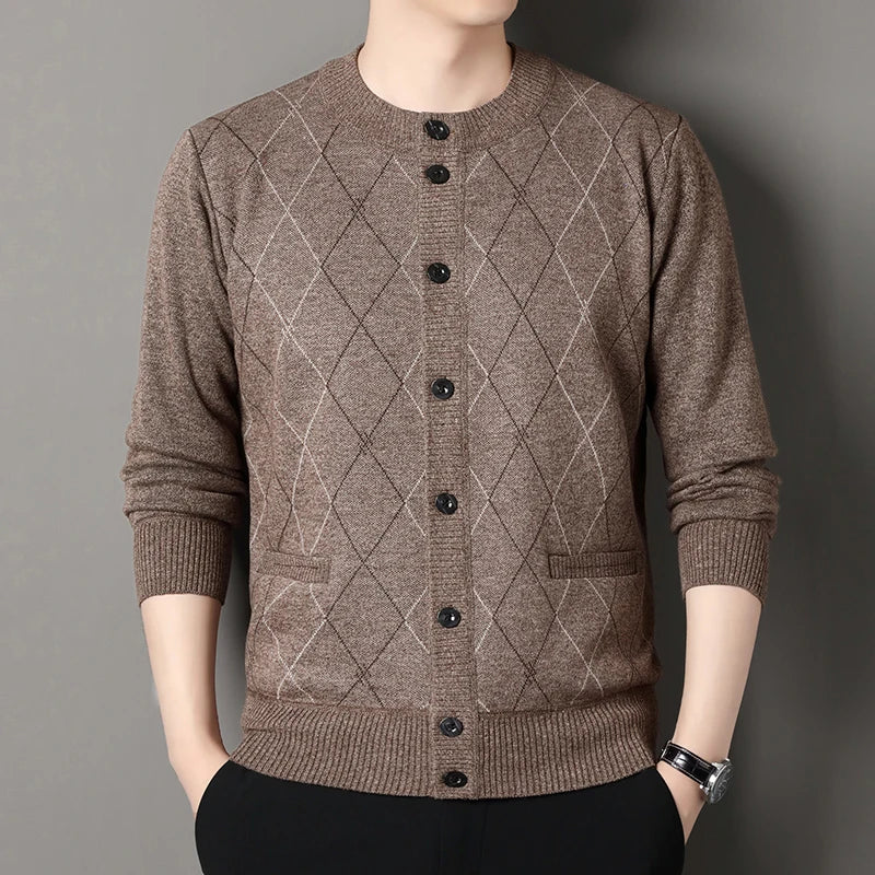 Autumn Winter O-Neck Argyle Cardigan - Smart Casual Fleece Sweater Coat
